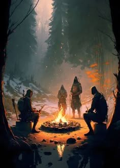 three people sitting around a campfire in the middle of a forest with trees and snow