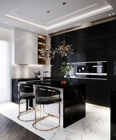 a modern kitchen with black and white decor