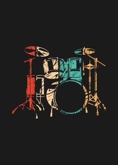 a drum set on a black background with red and blue colors in the bottom half