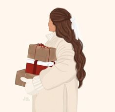 a woman with long hair holding a stack of presents