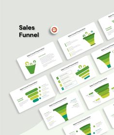 the sales funnel presentation is shown in green and white colors, with several different sections for each