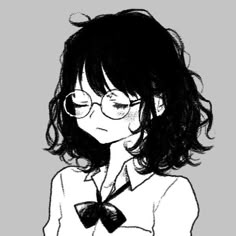 a drawing of a girl with glasses and a bow tie on her neck looking down