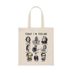 a tote bag with the words today i'm feeling on it and images of people