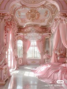 a pink bedroom with chandeliers and curtains on the ceiling, windows to the other side