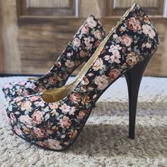 These Beauties Are Practically Brand New! I Only Wore Them Once For A Few Hours. No Scuffs Or Damage. Black Floral Print High Heels, Black Floral Print Heels For Formal Occasions, Formal Black Heels With Floral Print, Black Floral Print Heels With Pointed Toe, Floral Heels, Shoes Women Heels, Shoes Heels, Size 7, Women Shoes