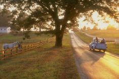 two people riding in an open car on a country road