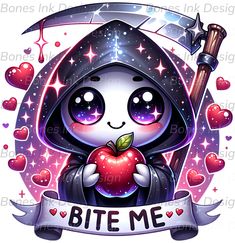 The image features a cute, cartoonish character resembling a grim reaper, depicted in a playful and whimsical style. The character has a round face with large, sparkling eyes and a cheerful expression. It wears a dark hooded cloak that is adorned with a starry pattern, giving it a magical appearance.  In its hands, the character holds a bright red apple, which adds a pop of color to the scene. Surrounding the character are various hearts in shades of pink and red, enhancing the playful theme. A Grim Reaper Character, Cute Grim Reaper, Cheerful Expression, Gods Princess, Whimsical Style, Sparkling Eyes, Ribbon Banner, Bite Me, Hooded Cloak