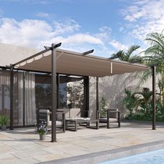 a patio covered in furniture next to a swimming pool