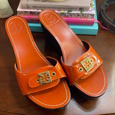 These Are Some Super Cool Heels. Excellent Condition With A Few Flaws That You Barely Notice. The Sole Is Dark Blue Cool Heels, Tory Burch Shoes, Super Cool, Blue Orange, Open Toe, Clogs, Tory Burch, Dark Blue, Color Blue