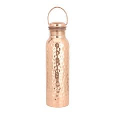 a copper colored metal water bottle with a handle on the front and side, sitting against a white background