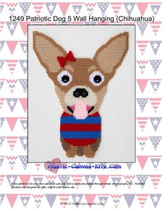 a cross stitch chihuahua with a red bow on it's head