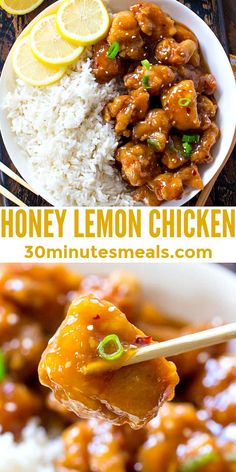 honey lemon chicken is served with white rice and sliced lemons on the side, along with a wooden chopstick