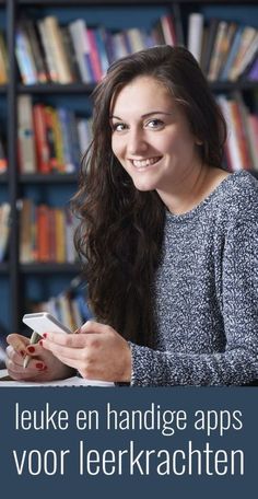 a woman sitting at a table in front of bookshelves