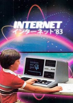 a young boy is typing on an old computer in front of a colorful background with the words internet