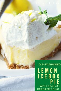 an old fashioned lemon icebox pie with graham cracker crust is on a white plate