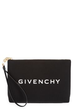 Bold logo lettering pops against the inky canvas of this zip pouch designed with a removable leather wrist strap attached to a 4G zip pull. Top zip closure Removable wrist strap Textile with leather trim Made in Italy Designer Handbags Designer Clutch Pouch With Zipper Closure, Luxury Bags With Logo Tag For Everyday Use, Givenchy Logo, Bold Logo, Zip Pouch, Travel Pouch, The Pouch, Black Canvas, Letter Logo