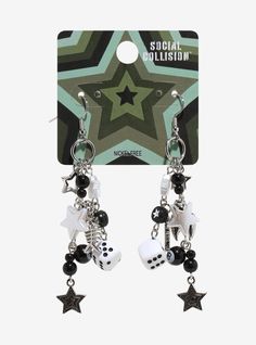 Keep your look quirky and cute with these drop earrings! They feature fun charms of 8 balls  dice  stars and fish bones. Silly Accessories, All Star Aesthetic, Dice Accessories, Creepy Earrings, Star Accessories