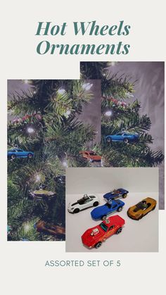 a christmas tree with toy cars on it and the words hot wheels ornaments