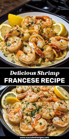 two plates of shrimp and pasta with lemon wedges