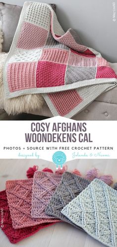 crocheted afghans with text that reads cozy afghans woolen's cal