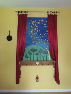 there is a painting on the wall above a window with red curtains and a clock