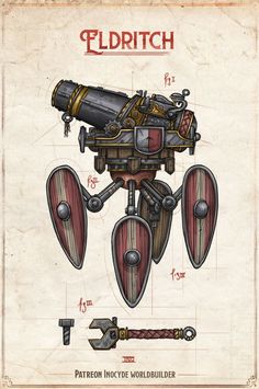 an old - fashioned drawing of a machine with wheels and gears on it's side