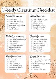 a printable cleaning checklist with flowers on the top and below it is an image of