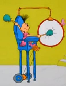 an animated image of a person using a spinning machine to spin balls on the wheel