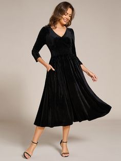 Ida | Long Sleeve High Stretch Velvet Tea Length Wedding Guest Dress Midi Wedding Guest Dress, Tea Length Wedding, Velvet Midi Dress, Ever Pretty, Winter Weddings, Affordable Dresses, V Neck Midi Dress, Rich Fabric, Tea Length Dresses