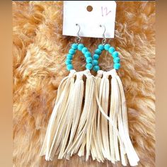 Turquoise Beaded Loops Brand New Super Cute Tan Suede Leather Fringe Boutique Earrings Boho - Boutique - Western - Punchy Beaded Western Earrings, Turquoise Fringe Earrings, Turquoise Beaded Fringe Dangle Tassel Earrings, Artisan Turquoise Beaded Fringe Earrings, Turquoise Fringe Tassel Drop Earrings, Southwestern Fringe Dangle Earrings, Boutique Western, Earrings Cricut, Boutique Earrings