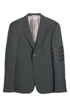 A signature quartet of satiny stripes rings one sleeve of a sport coat tailored from pure wool with handsome mélange coloring that can go sporty or formal. 29" length (size 2) Notched lapels Chest welt pocket; front flap pockets Lined 100% wool Dry clean Made in Italy Luxury Striped Outerwear With Notch Lapel, Luxury Striped Long Sleeve Blazer, Luxury Striped Outerwear For Business, Luxury Striped Outerwear For Formal Occasions, Luxury Striped Business Outerwear, Luxury Striped Formal Outerwear, Thom Browne, Sport Coat, Flap Pocket