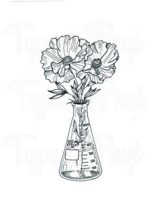 an ink drawing of flowers in a test tube