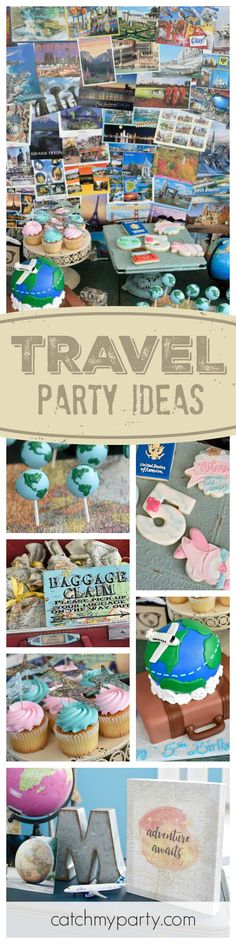 a collage of photos with the words travel party ideas written on them and various pastries