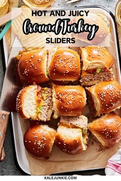 hot and juicy breaded turkey sliders on a platter with text overlay