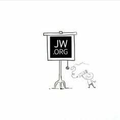 a sign that says jw org with a cartoon figure standing next to it