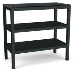 a black shelf with two shelves on each side and one shelf below the shelf is empty