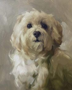 an oil painting of a white dog on a beige background, looking at the camera