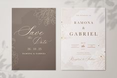 two wedding cards with gold foil flowers on the front and back, one in grey