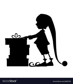 a girl opening a gift box with a long tail silhouetted on a white background