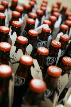 many bottles of beer are lined up together