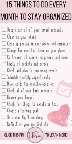 Lists To Stay Organized, Self Organization Ideas, Once A Month Self Care, Sort My Life Out, How To Organize Your Life Planners, How To Organize Yourself, How To Be Organised, Things To Do Once A Month, Monthly Planning Routine