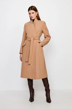 Compact Stretch Notch Neck Belted Coat | Karen Millen Luxury Brown Wool Coat For Fall, Luxury Long Wool Coat For Work, Elegant Wool Coat For Fall Workwear, Elegant Wool Coat With Concealed Placket For Winter, Timeless Wool Coat For Work, Luxury Single-breasted Wool Coat For Fall, Designer Wool Coat For Fall, Timeless Wool Coat For Office In Fall, Elegant Wool Coat For Business In Fall