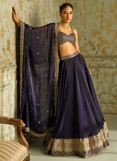 Navy Blue and Gold Embroidered Lehenga – Lashkaraa Lehenga Navy Blue, Lehenga Blue, Dupatta Embroidery, Navy Blue And Gold, Blue Lehenga, Embroidered Lehenga, Crepe Top, Navy Blue Fabric