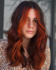 Neon Orange Money Piece Hair, Brown With Orange Hair, Money Piece Hair Ideas, Big Money Piece Hair, Hair Color Orange, Red Hair Inspo, Copper Hair Color, Fall Hair Color, Burgundy Hair