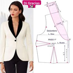 a woman in a white jacket and black pants is next to an image of the pattern