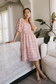 Pink dress Sunday Dresses, Gathered Skirt, Style Mistakes, Lace Up Heels, Bow Hair Clips, Tie Dress, Floral Mini Dress, Floral Midi Dress, Waist Length