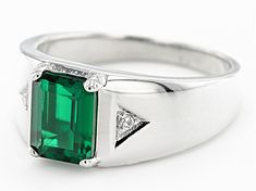 1.91ct Rectangular Octagonal Lab Created Emerald With 0.03ctw Round Diamond Accent Platinum Over Sterling Silver Men's Ring. Measures Approximately 0.62"L x 0.39"W. Not Sizeable. Green Ring, Sterling Silver Mens Rings, Mens Gold Rings, Green Rings, Lab Created Emerald, Green Gems, Mens Silver Rings, Ring For Men, Sterling Silver Mens