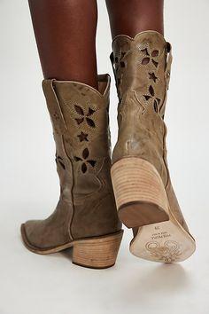 Cool cut-outs make this pair of Western boots a unique addition to your shoe collection. **Features:** Mid-calf length, pull-on style, leather uppers, washed finish, pointed toe, dipped toplines, pull straps, stacked block heel, cut-out accents **Why We | Lucky Day Western Boots by FP Collection at Free People in Tan, Size: US 9 Leather Western Mid-calf Boots For Spring, Spring Season Western Style Leather Mid-calf Boots, Western Style Leather Mid-calf Boots For Spring, Spring Leather Western Heeled Boots, Lucky Day, Western Boots, Cut Outs, Shoe Collection, Mid Calf