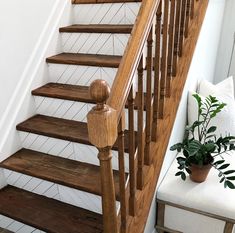 a wooden stair case next to a potted plant