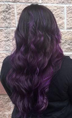 Purple Balayage Long Hair, Purple Baylage Hair Brunettes, Purple Hair Dye Ideas For Brunettes, Dark Purple Balayage Black Hair, Dark Brown To Purple Balayage, Blue Bayalage Hair, Purple Bayalage Hair, Dark Purple Baylage Hair, Purple Color Melt Hair